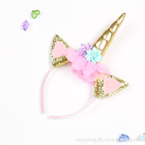 Handmade Kids Party Rainbow Unicorn Horn Headband for DIY Party Supplies Gold Glittery Headwear Flower Hairband